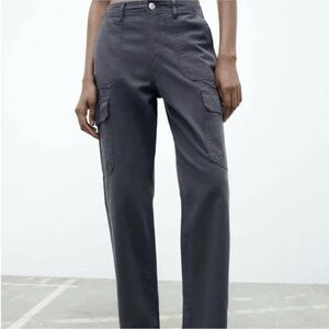 NWT ZARA Wide Leg Cargo Pants Trousers Navy Blue 100% Cotton Women's Size 2